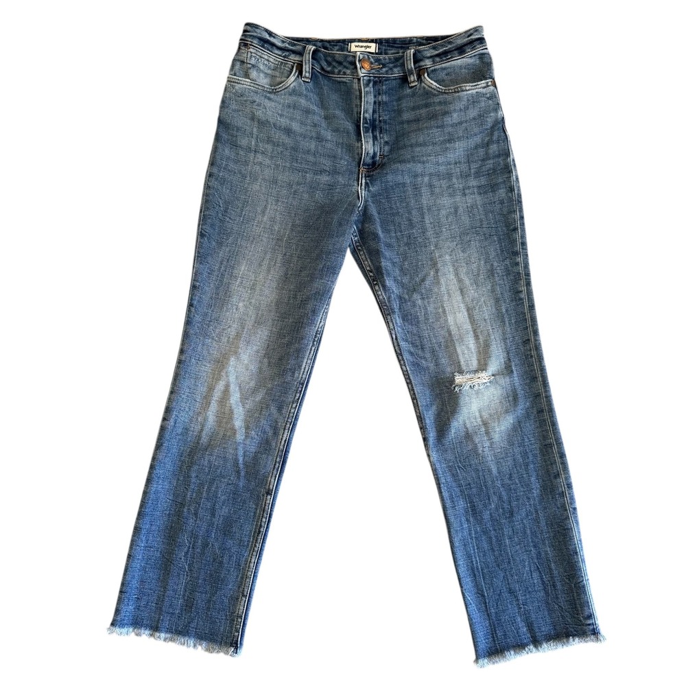 Wrangler Heritage Crop 29x27 Actual 32x26 Distressed Blue Raw Hem Women's Jeans